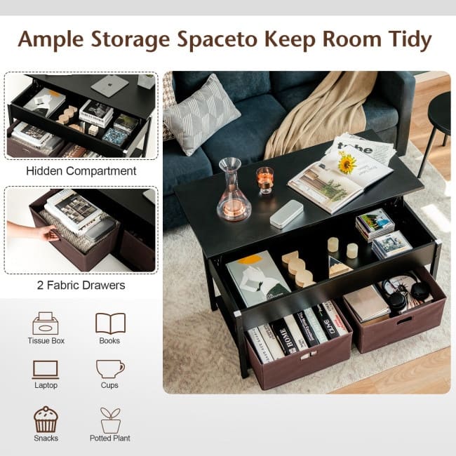 Lift Top Coffee Table Central Table with Drawers and Hidden Compartment for Living Room - 42" x 19.5" x 19" (L x W x H)