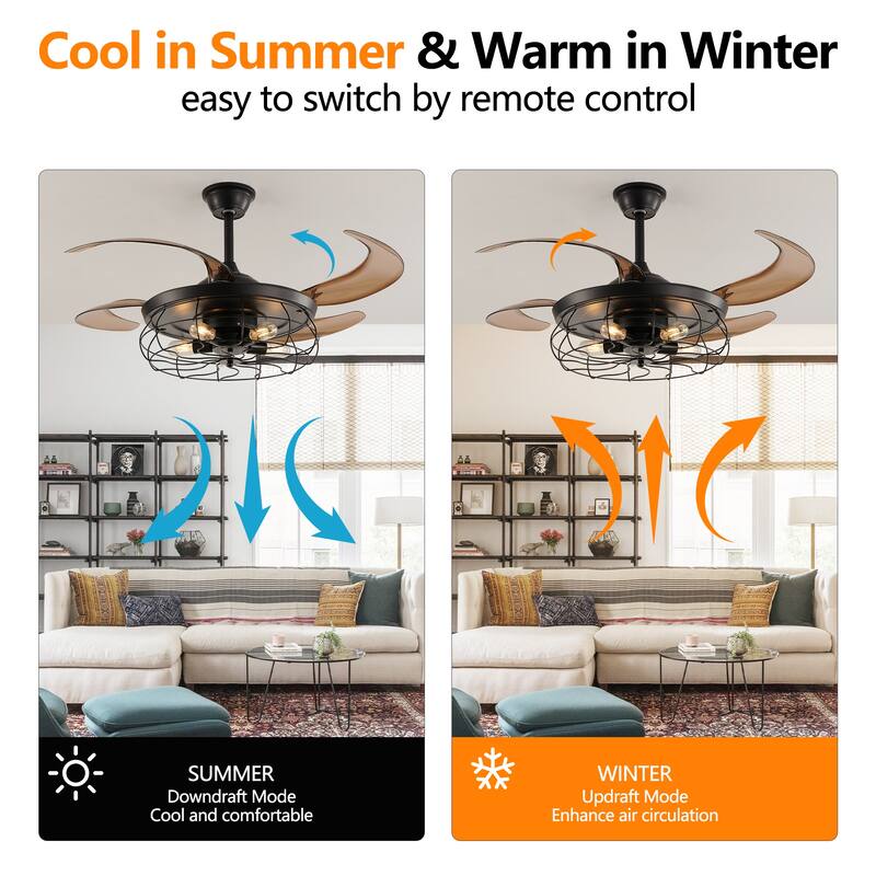 48 Inch Retractable Caged Ceiling Fan with Remote, Industrial 6-Speed/Reversible/DC Motor Ceiling Fan (Bulb Not Included)