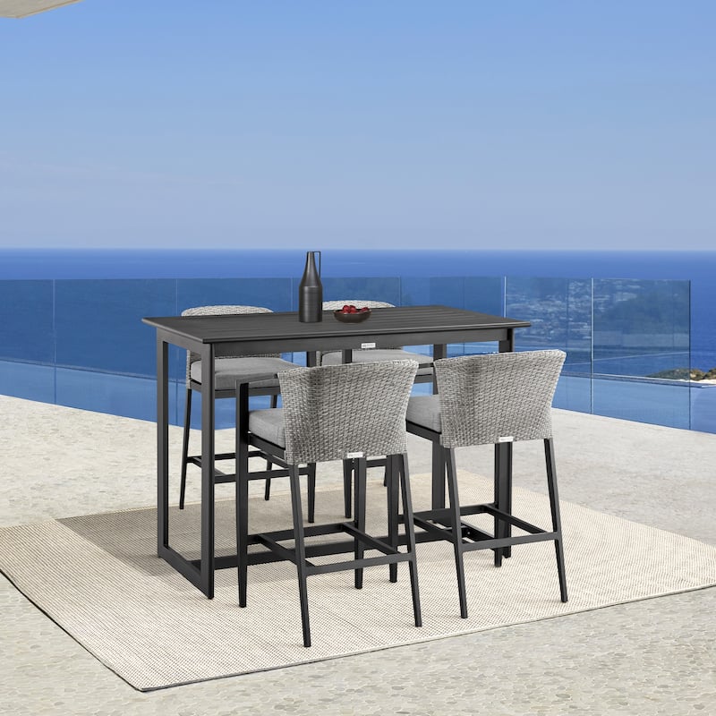 Aileen Outdoor Patio Counter Stool in Aluminum and Wicker with Grey Cushions