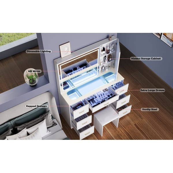 dimension image slide 0 of 2, Glass Top Vanity Set with Lighted Mirror,Extra Large Mirror Makeup Vanity Table with 7 Drawers&Cushioned Stool
