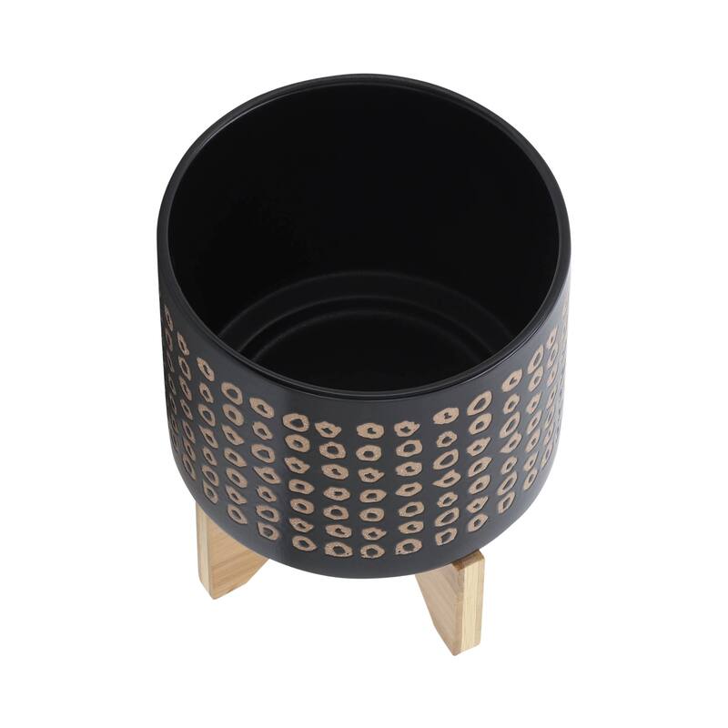 Sagebrook Home Neutral Tan and Brown Ceramic Dotted Planter with Wood Stand Indoor Outdoor