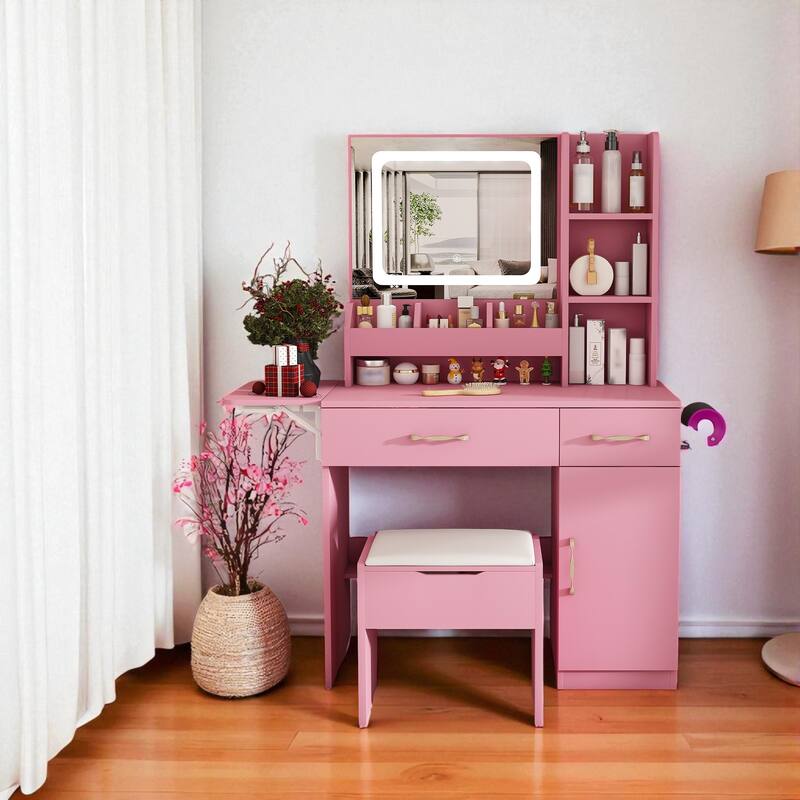 Vanity Desk with LED Mirror, Power Outlet, 3 Drawers, 7 Shelves and Storage Stool, Makeup Table for Women