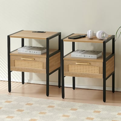 Set of 2 Rattan End table with Power Outlet and USB Ports