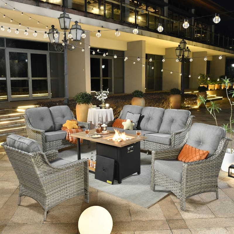 XIZZI 5-piece Patio Furniture Wicker Outdoor High Back Sofa Set with Fire Pit - Dark Grey