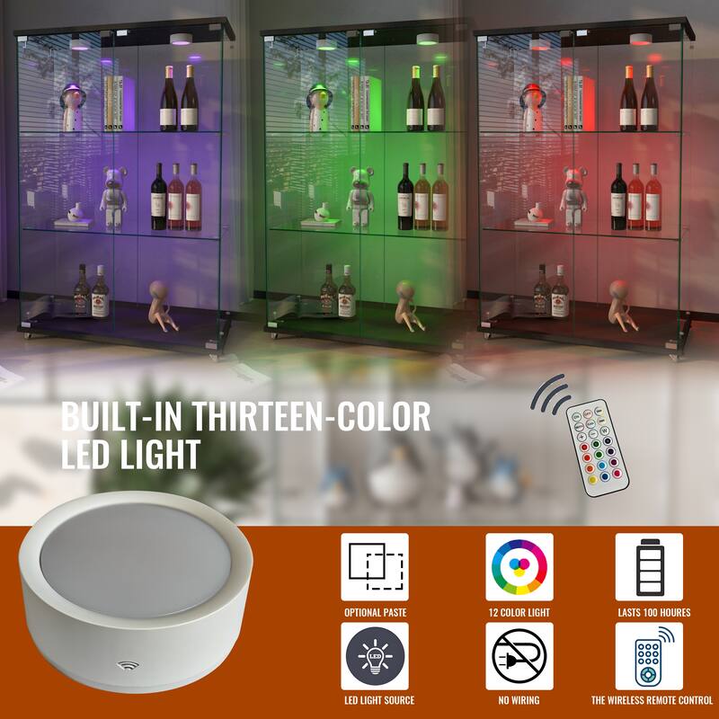 Modern Glass Display Cabinet with LED Lights, Quick-Assembly 2-Door Bookcase with Tempered Glass & Black Frame