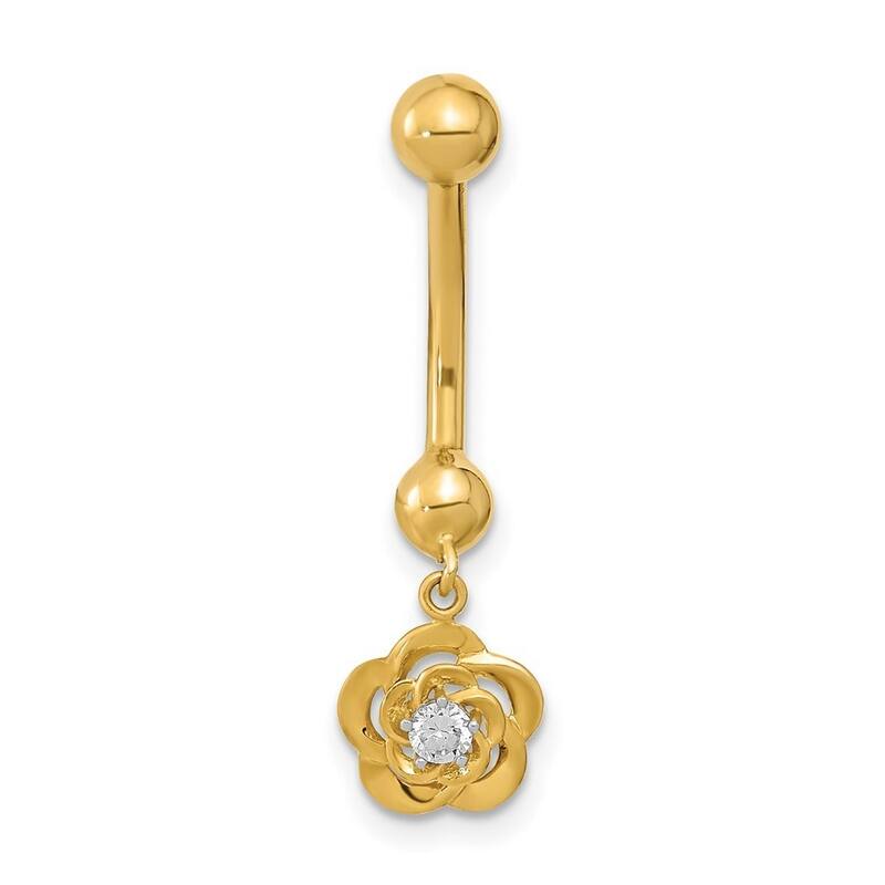 Curata 14k Yellow Gold 14g CZ Simulated Diamond Dangle Flower Belly Navel Ring Body Jewelry