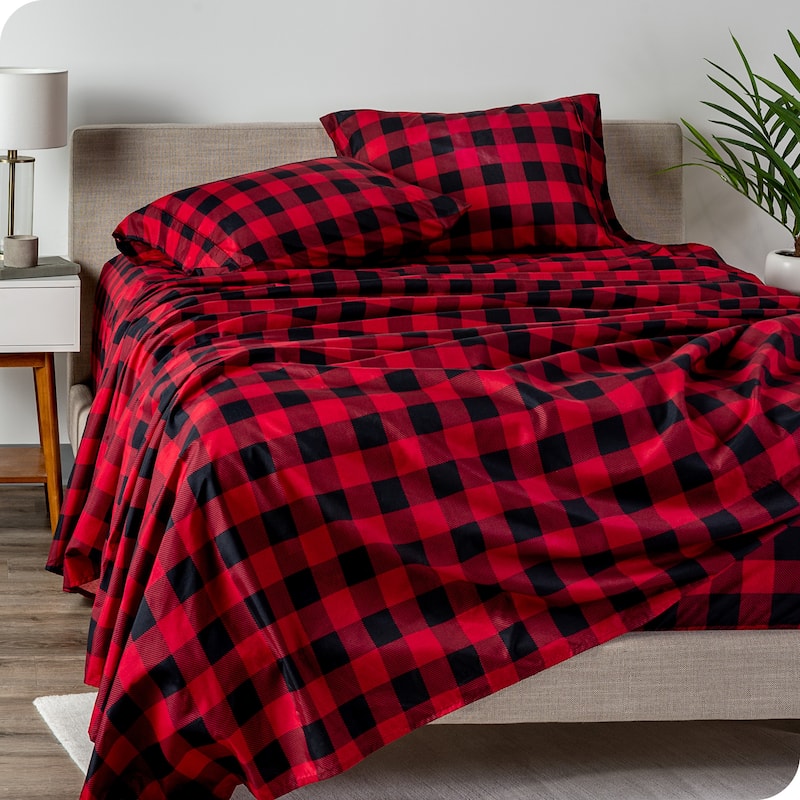 Bare Home Double Brushed Deep Pocket Printed Sheet Set - Queen - Buffalo Plaid - Red/Black