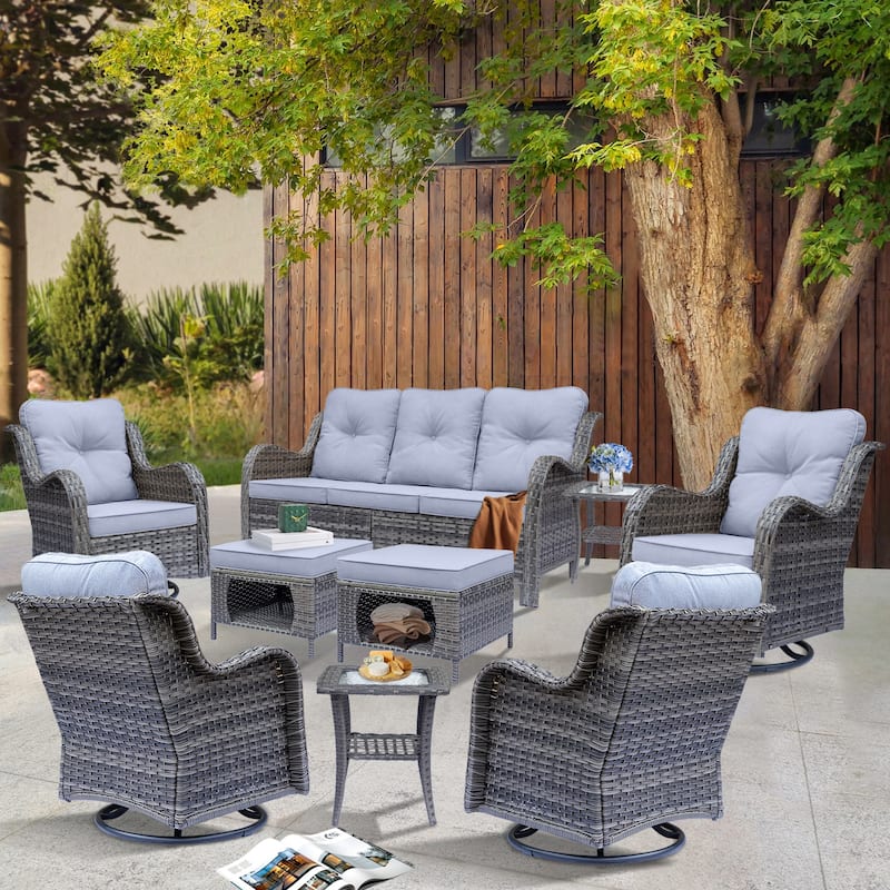 9-piece Wicker Outdoor Patio Furniture Sets with Swivel Rocker Chairs