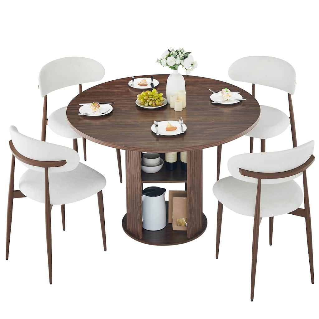 Anmytek Modern Farmhouse 3 Piece Round Dining Set Walnut Wood Table with Storage Shelf and 2 Chairs for 2 to 4 People