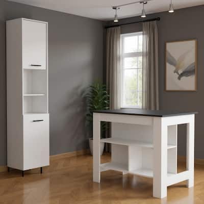 HomeRoots 41" Dark Brown and White Wood Kitchen Island Set With Storage - 40.50 in. x 35.40 in. x 27.50 in.