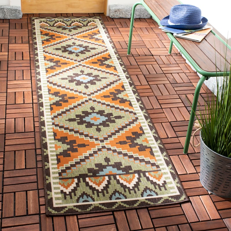 SAFAVIEH Veranda Vitaline Indoor/ Outdoor Waterproof Patio Backyard Rug - 2'3" x 12' Runner - Green/Terracotta