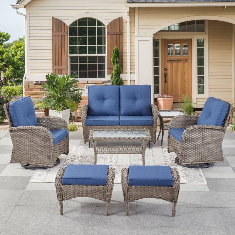 Outdoor Glider Sofa with Swivel Chairs Ottoamns and Table - Grey - Blue
