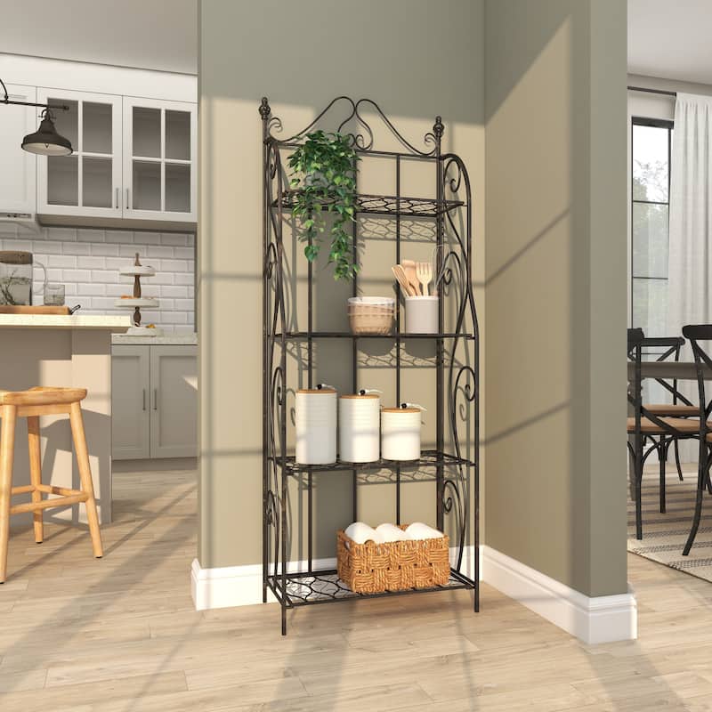 Metal Scroll Indoor Outdoor Tall Folding 4 Shelf Bakers Rack - Black - Roche River Decor
