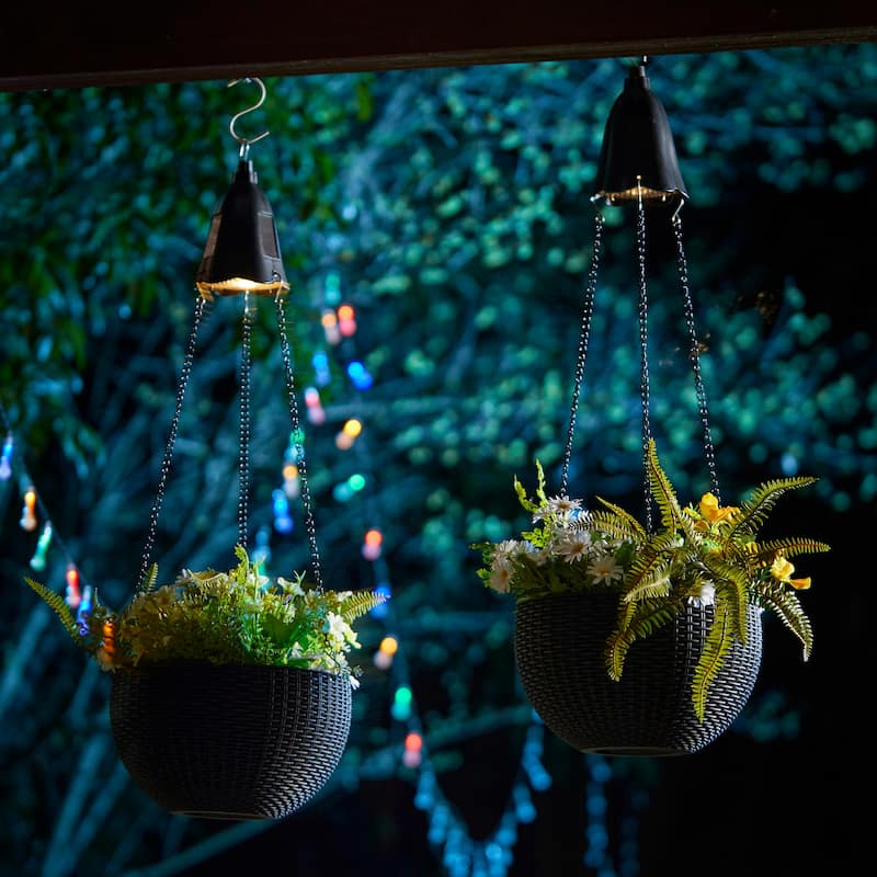 Glitzhome 30"H Solar Lighted Plastic Hanging Planter Basket