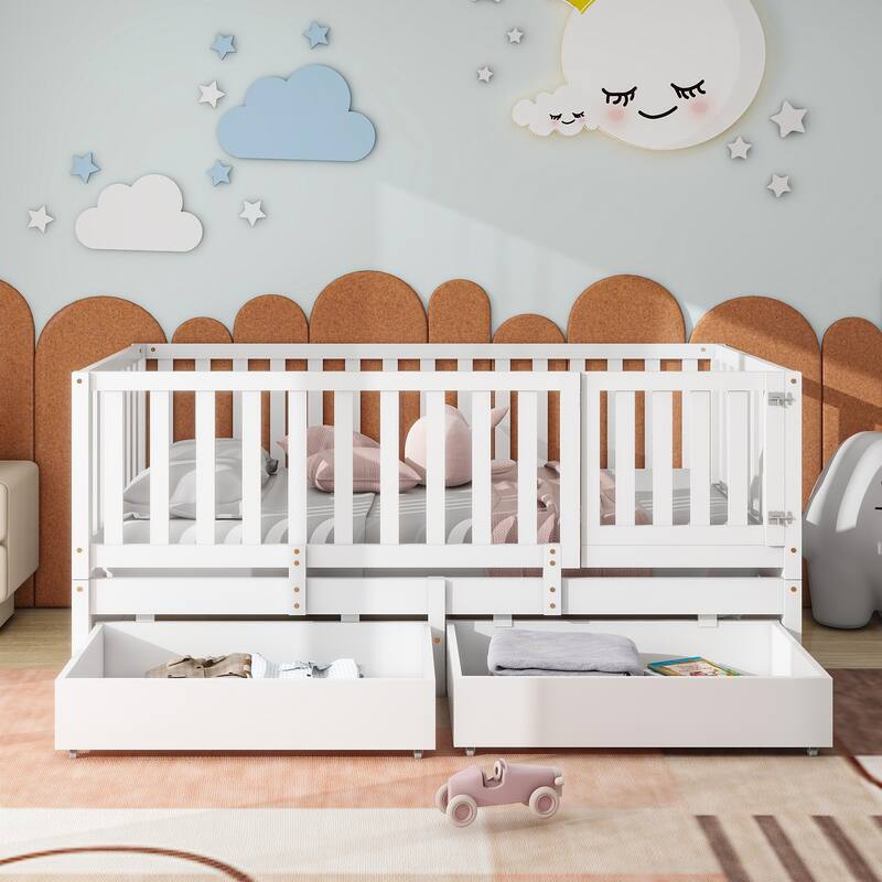 Wood Daybed with Fence Guardrails and 2 Drawers, Split into Independent Floor Bed & Daybed