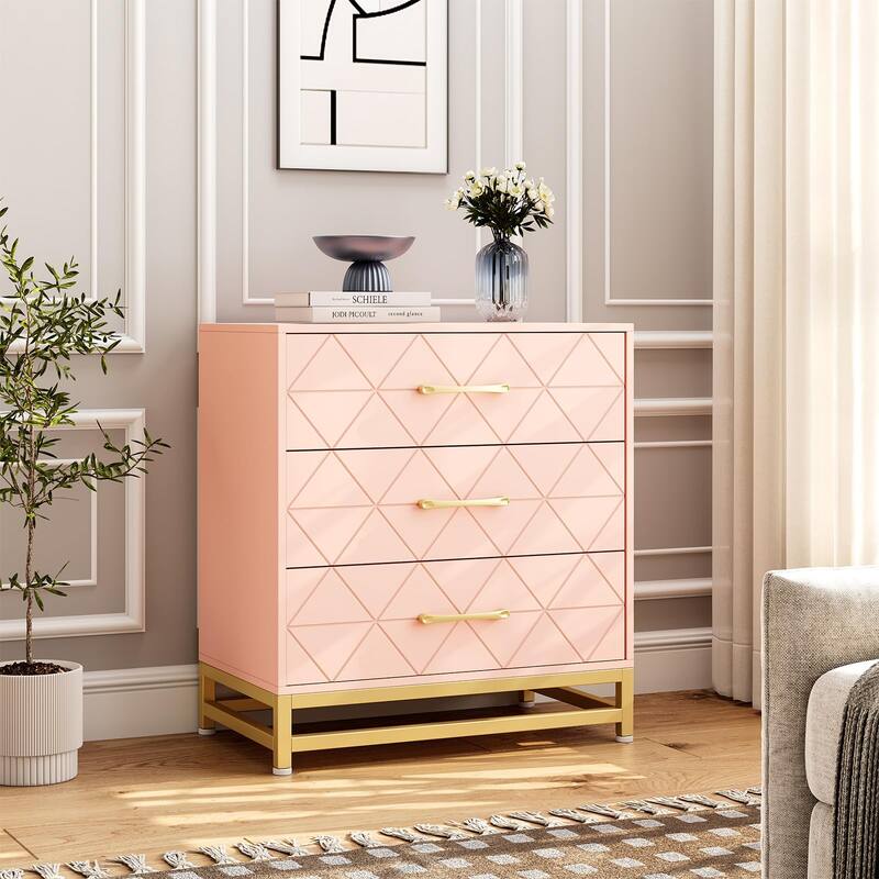 3/4 Drawer Wood Dresser for Bedroom, Modern Storage Chest for Closet - 3-drawer - Pink