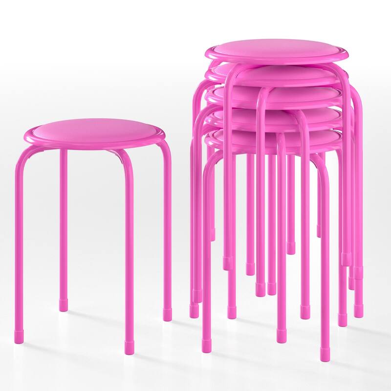 VECELO 6-Pack Stacking Stools for Living Room Backless Round Stools Set Indoor Outdoor Use with Metal Frame & Non-Slip Feet - Pink