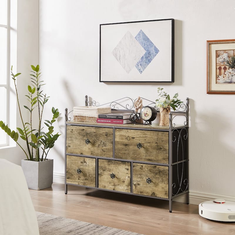 5-Drawer Fabric Dresser with Removable Foldable Drawers Metal Frame with Curved Floral Design Brown Gray Dresser