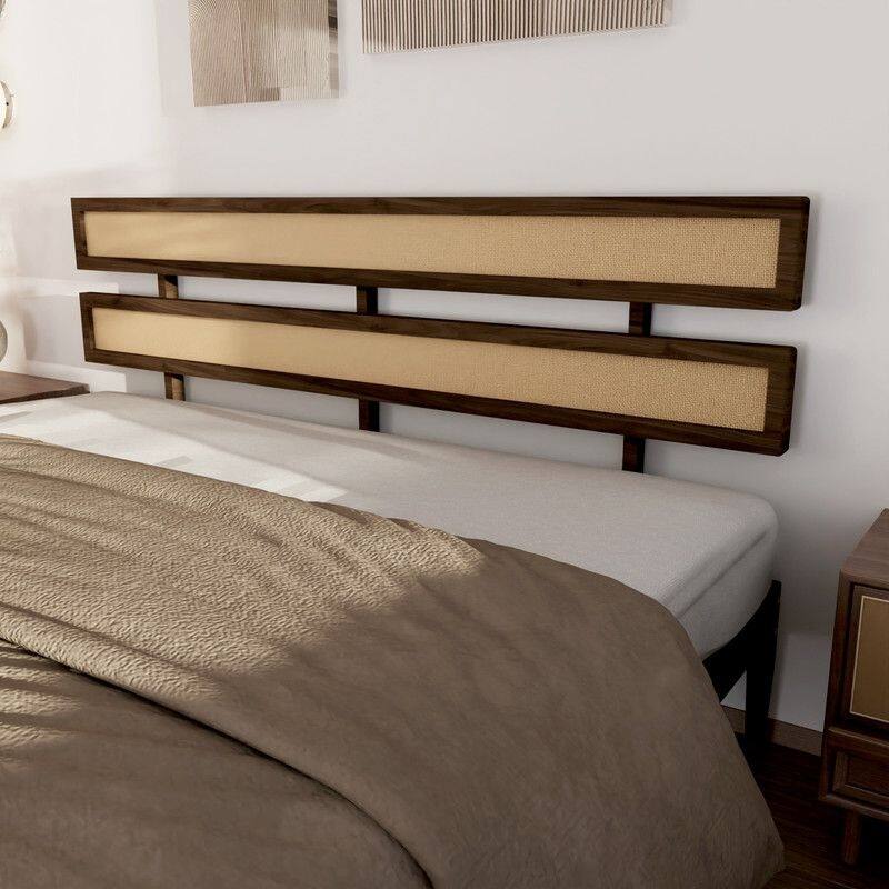 Solid Wood Full Bed Frame Platform Bedframe with Rattan Headboard