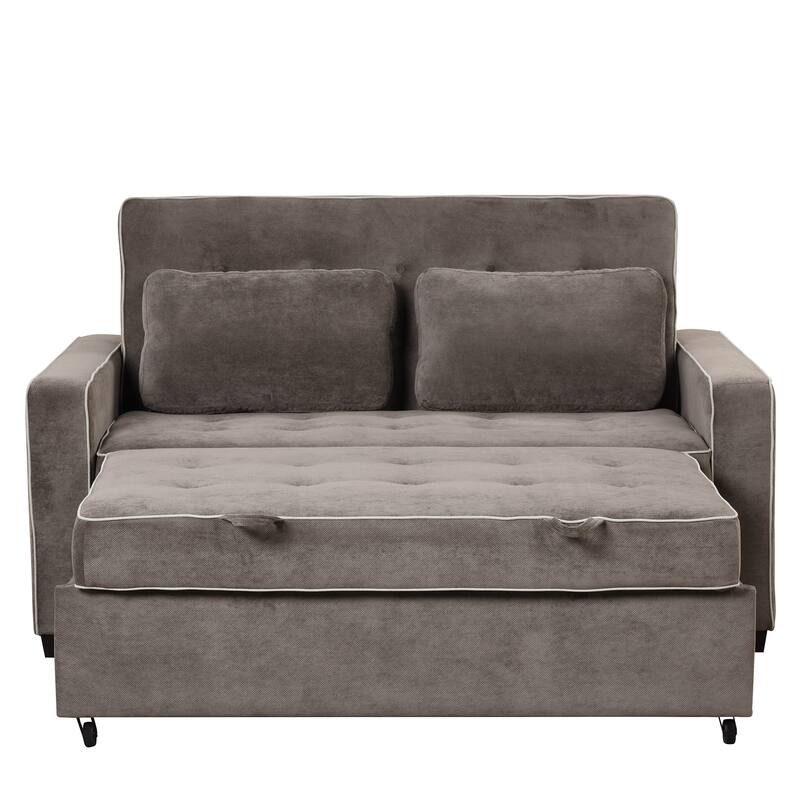 Upholstered Loveseat Pull Out Sofa Bed, Lounge Couch w2 Pillows & 2 USB Port, Adjustable Backrest Futon Sofa Tufted Couch