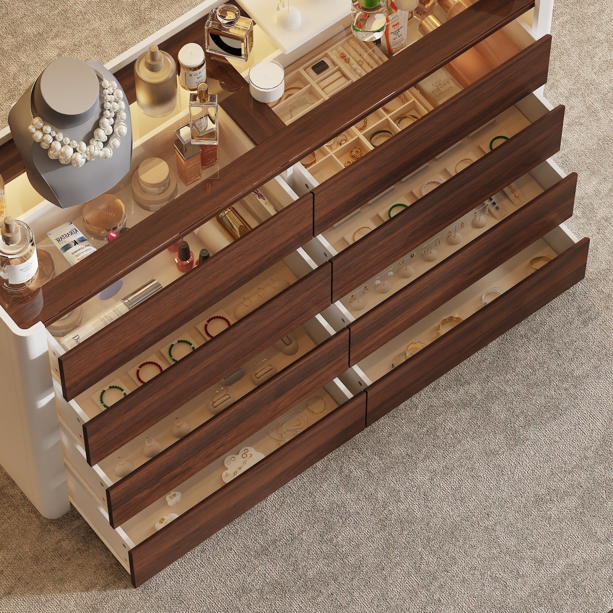 8-Drawer Dresser w/Glass Top, Pine Wood Frame, LED Display 8-Drawer Dresser w/Glass Top, Pine Wood Frame, LED Display