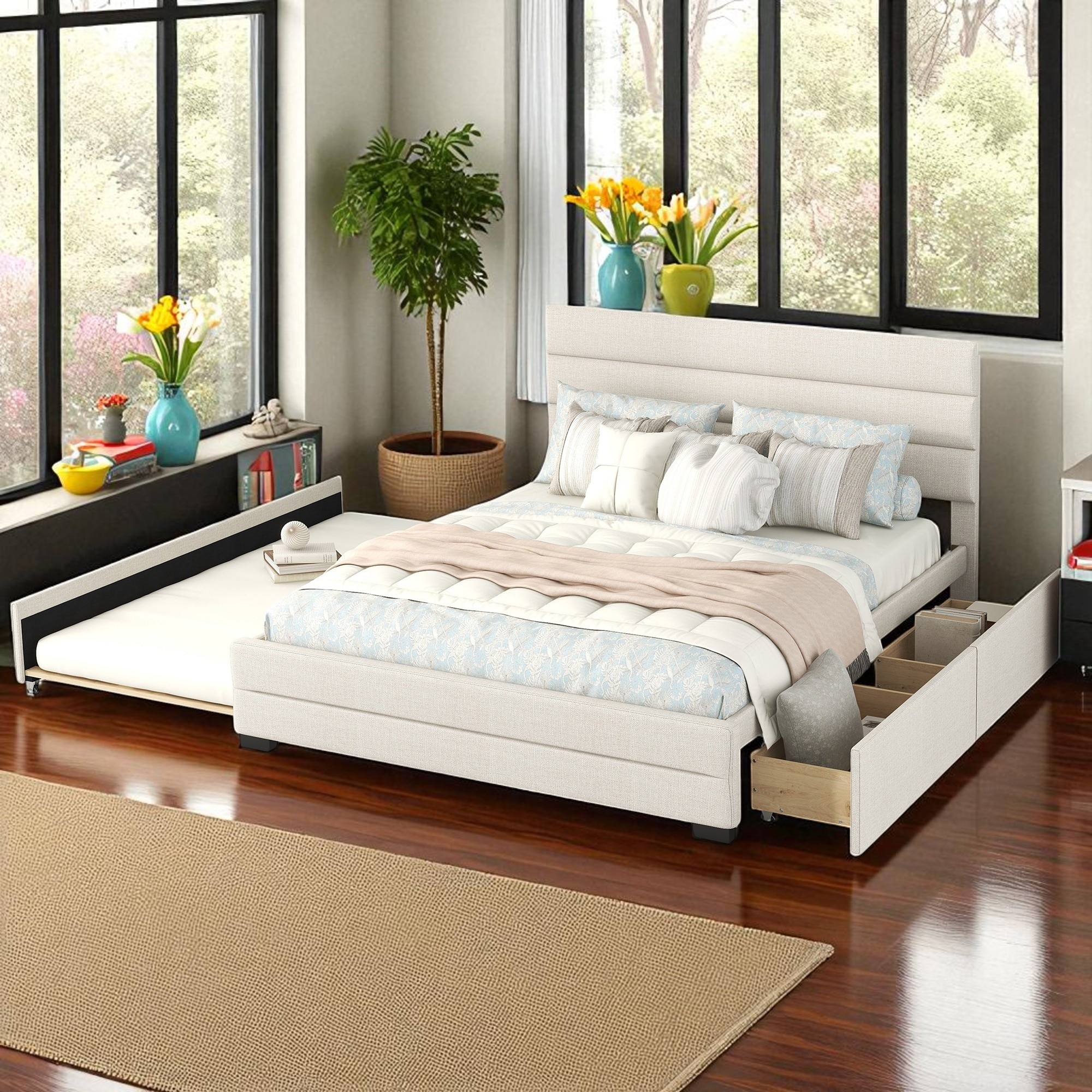 Queen Upholstered Platform Bed Frame with Twin Trundle and 2 Storage Drawers, Linen Fabric, No Box Spring