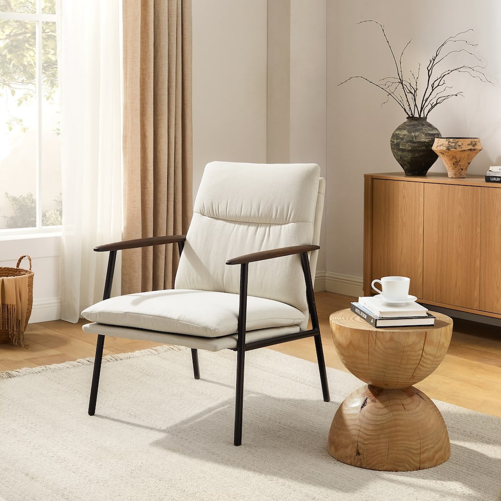 Minimalism Accent Side Chair with Metal Frame and Wooden Armrest