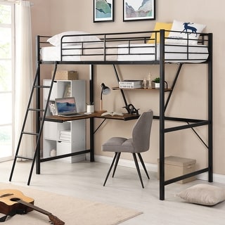 Twin Size Metal Loft Bed with L-Shaped Desk & Shelf & Full-Length Guardrail & Ladders