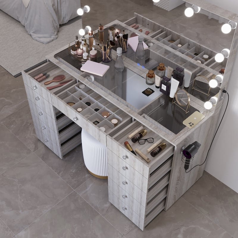 Makeup Vanity Desk, Glass Top, 12 LED Lights BT Speakers & 11 Drawers
