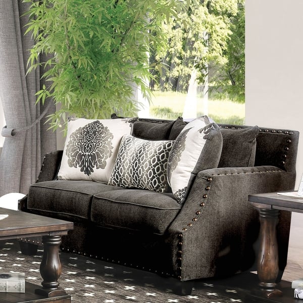 slide 5 of 8, Zack Contemporary Chenille Nailhead Loveseat by Furniture of America Dark Brown