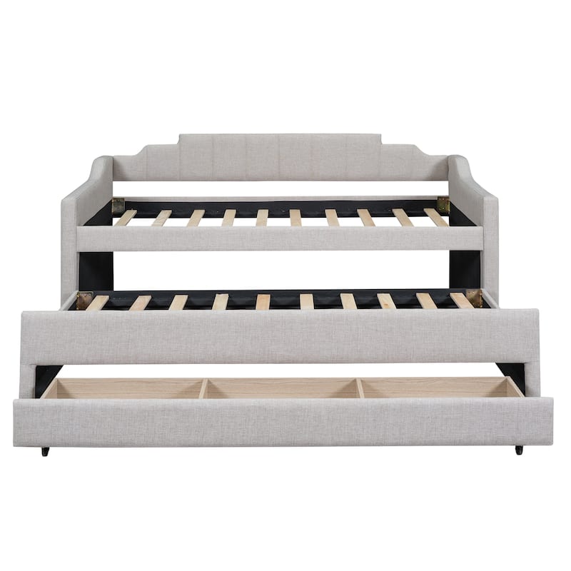 Twin Size Upholstered Daybed with Trundle and Three Drawers - Beige