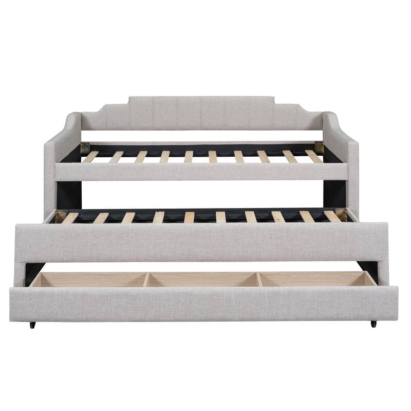 Twin Upholstered Daybed with Trundle and Storage Drawers, Stylish Linen Blend, Ideal for Small Spaces and Guest Rooms