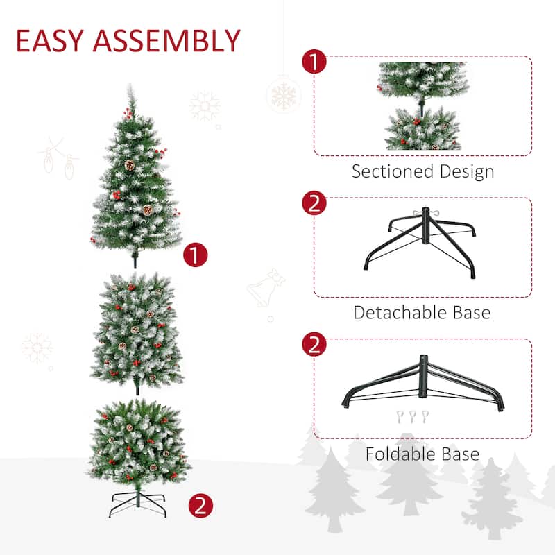 HOMCOM Pre-Lit Snow-Dipped Artificial Tree - Realistic Branches, LED Lights, Pine Cones, Red Berries - Green