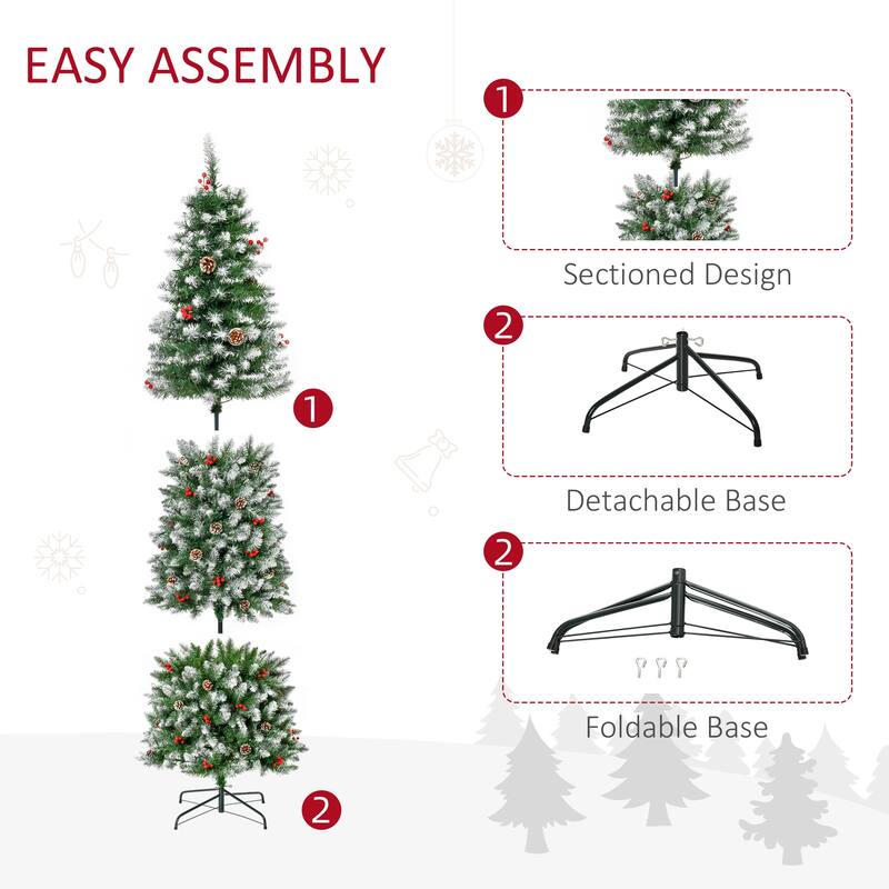 Snow-Flocked Artificial Christmas Tree with LED Lights, Pine Cones & Red Berries, 6ft, 7.5ft, 9ft