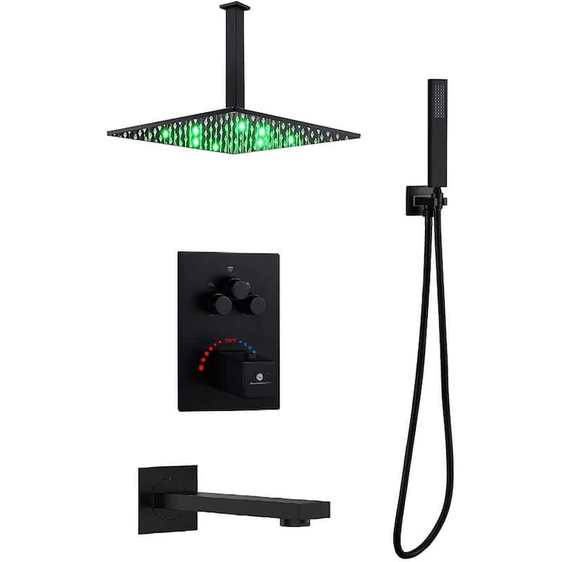 Matte Black Ceiling Mount 12" LED Rainfall Shower Head 3 Way Thermostatic Shower Faucet w/ Tub Spout - Matte Black