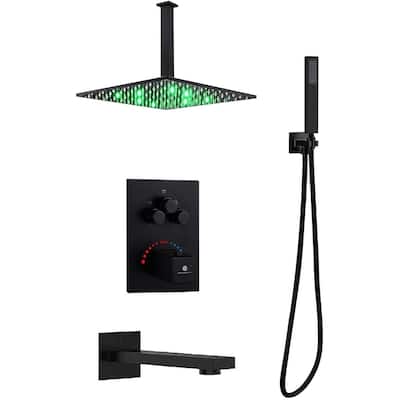 Matte Black Ceiling Mount 12" LED Rainfall Shower Head 3 Way Thermostatic Shower Faucet w/ Tub Spout - Matte Black