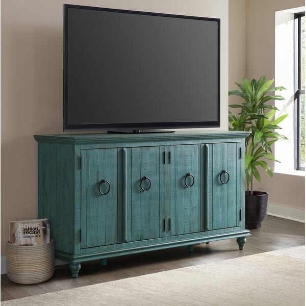slide 2 of 5, Central Park 65-inch Solid Wood 4-door TV Stand Console - 35 inches high x 65 inches wide x 18 inches deep Rustic-Turquoise