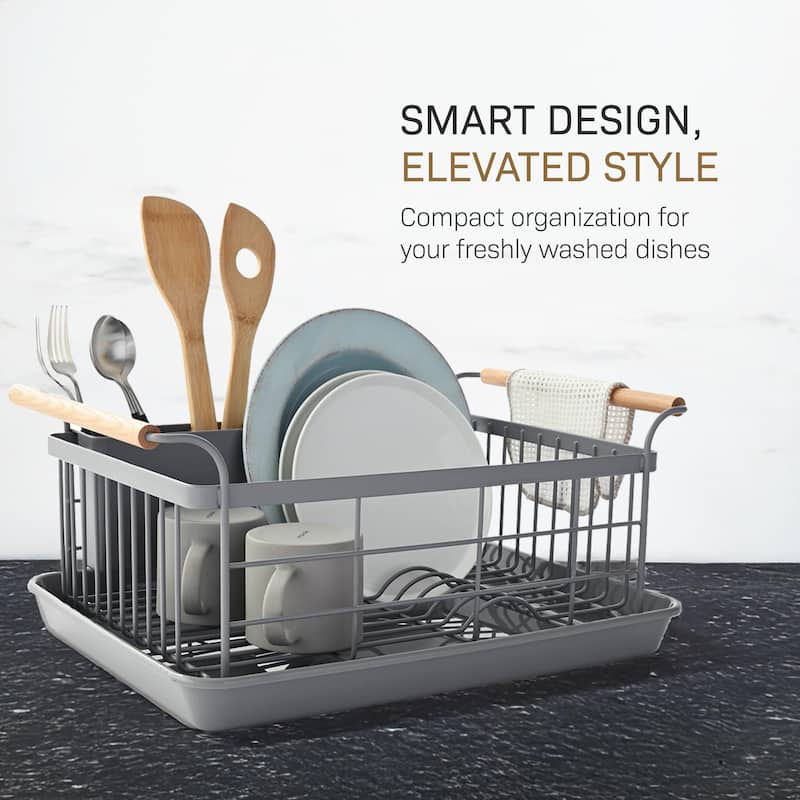 Yamazaki Home Dish Rack, Steel and Wood, Holds 22 lbs - L 13.19 x W 18.5 x H 7.87 inches