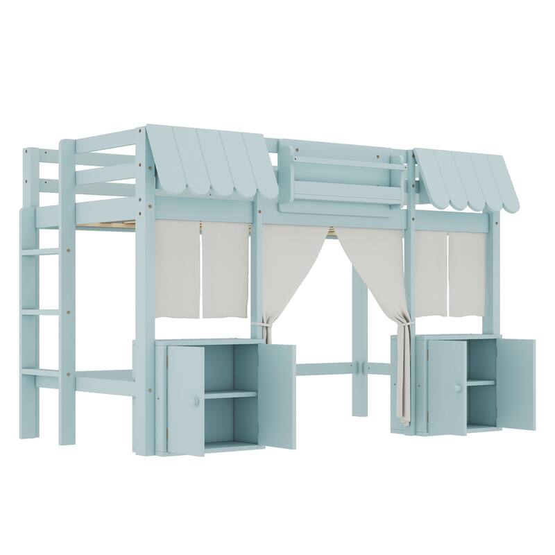 Twin Loft Bed with Built-in Bookshelf, Curtain, and Storage Shelf Amusement Park-Inspired Playful, Blue