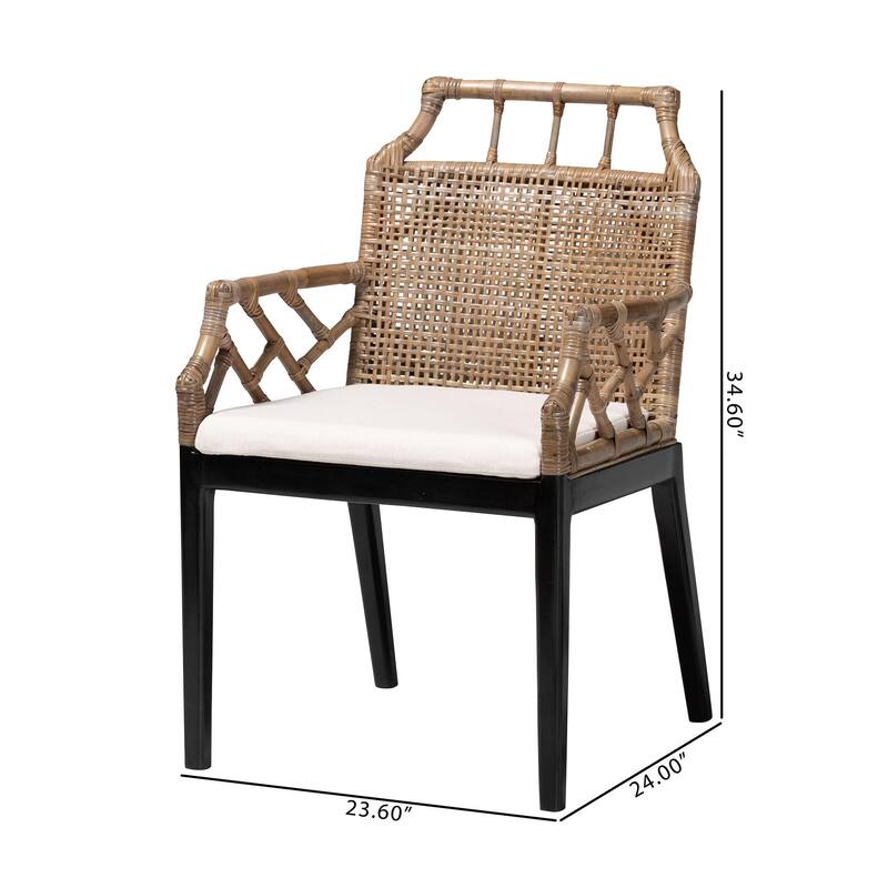 Abiel Natural Rattan Dining Armchair with Cushion - Handwoven Wicker Chair with Mahogany Wood Frame, Coastal Boho Seating