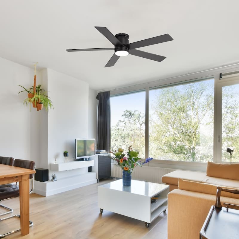 42"/52" Modern Black Flush Mount Ceiling Fan with LED Light and Remote