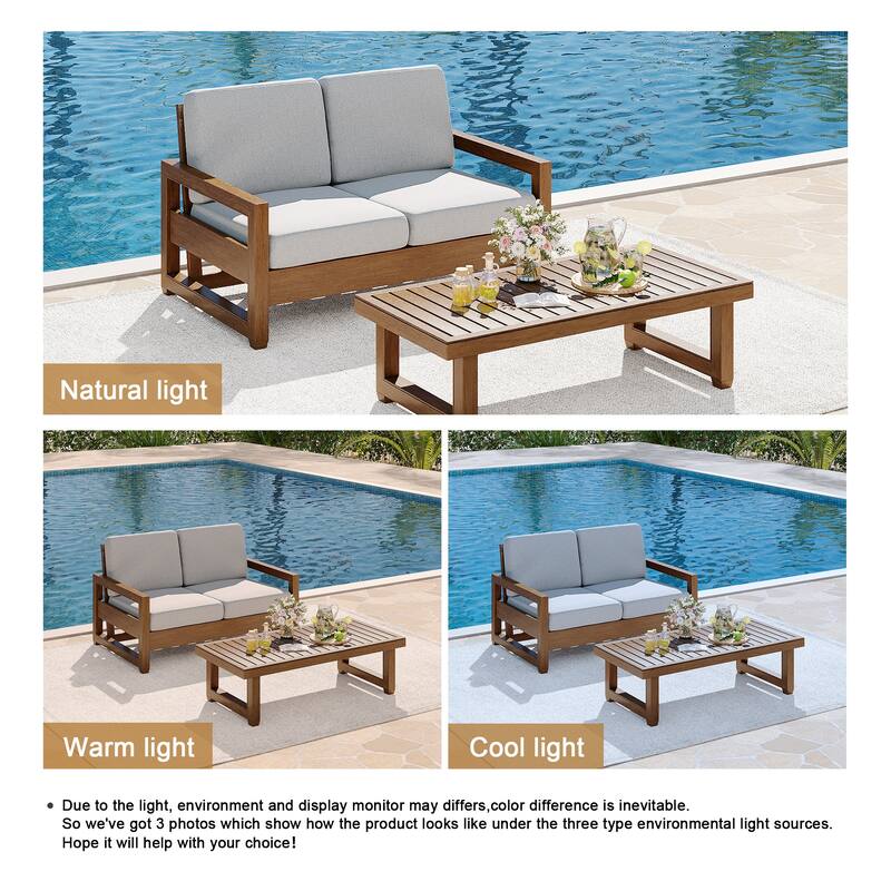 Teak Loveseat Patio Set with Cushions and Table (2-Piece)