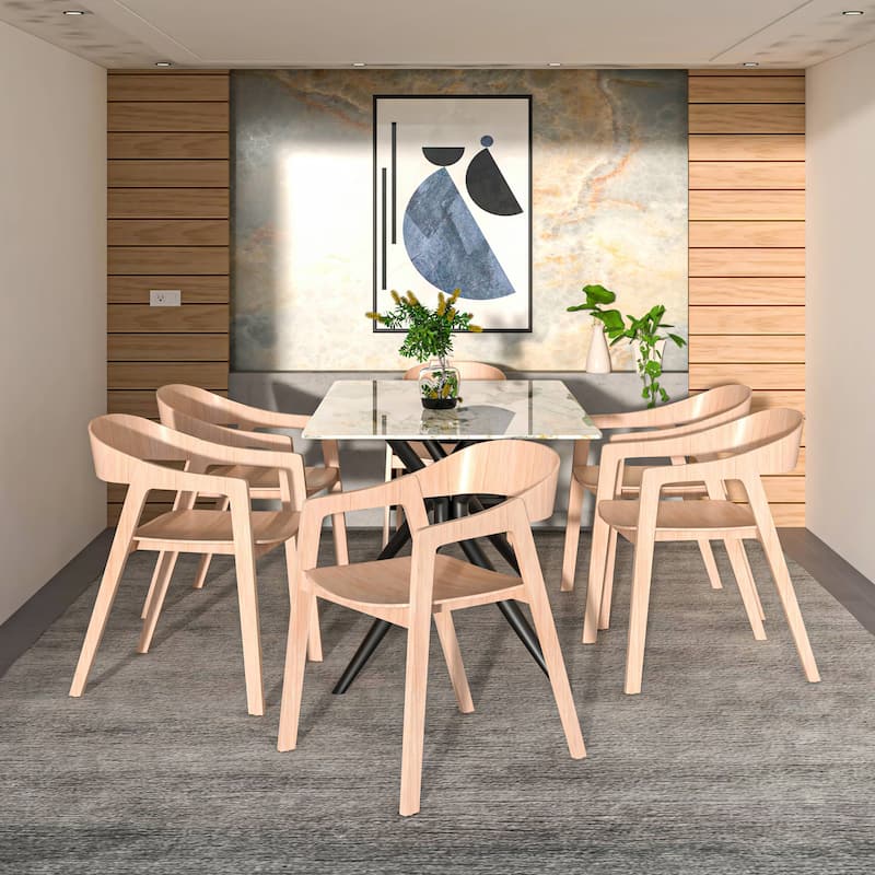 Dining Chair in Oak Wood with Open Back Design and Armrests Set of 2 Rivo Series