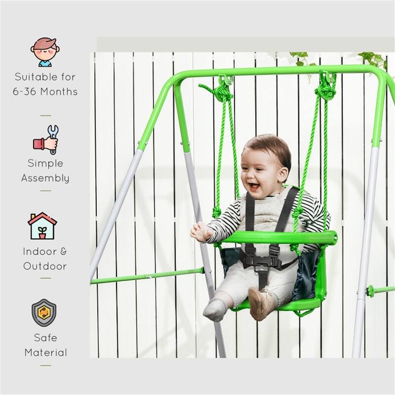 Green Steel and PE Kids Swing Set with Safety Belt and Anti-Slip Pads - 57.5" L x 48" W x 48" H