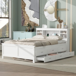 Full Size Platform Bed with Storage Headboard, USB, Twin Trundle and 3 Drawers, White
