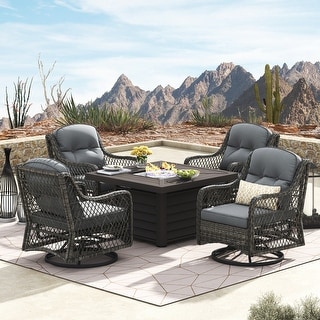 Corvus Vasconia 5pc Outdoor Resin Wicker Swivel Chat Set with Fire table