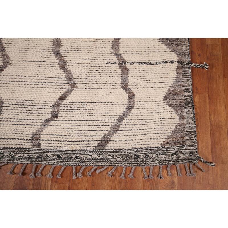 All-Over Striped Moroccan Abstract Area Rug Hand-Knotted Wool Carpet - 7'8"x 10'10"