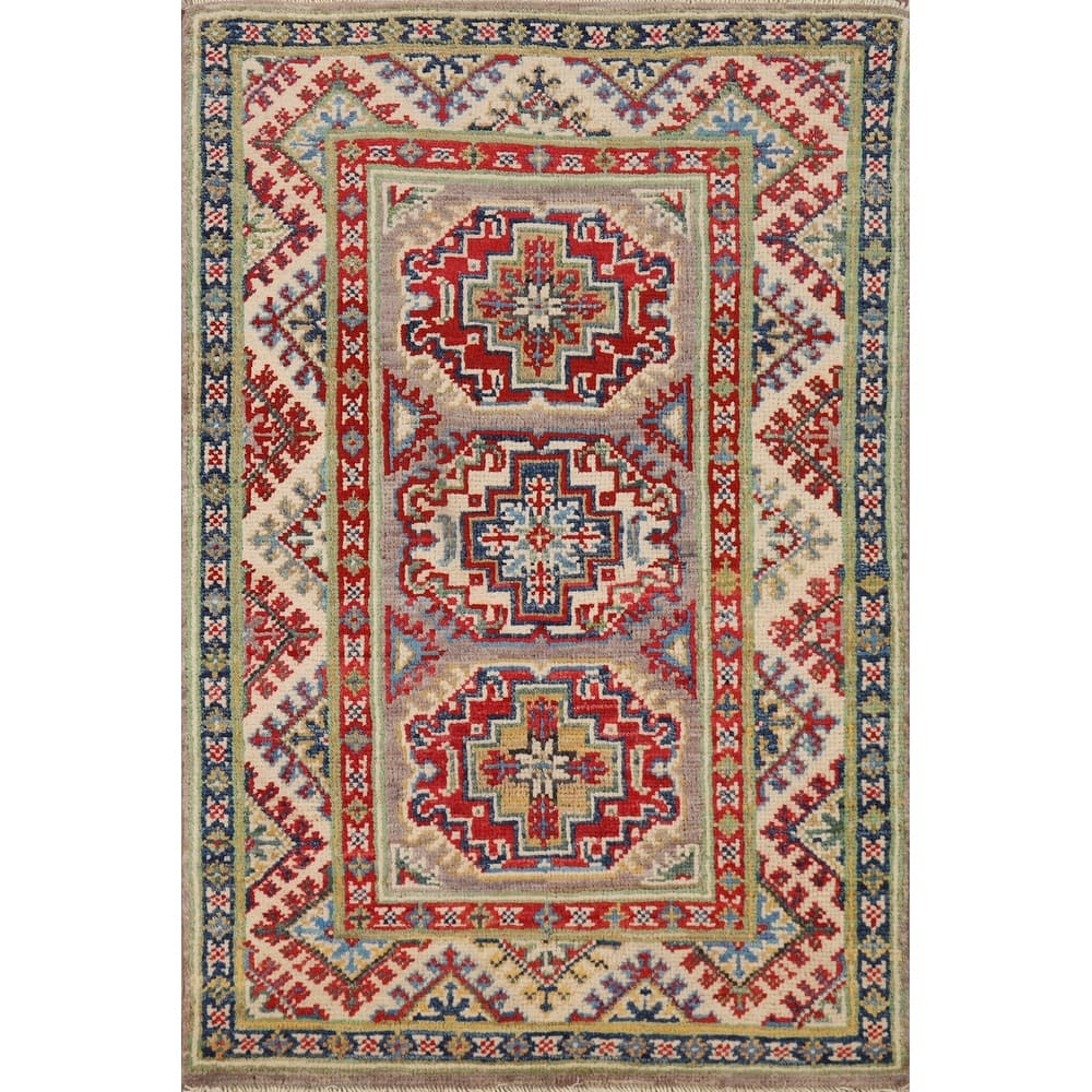 Traditional Kazak Oriental Foyer Rug Handmade Grey Wool Carpet - 2'0"x 3'0"