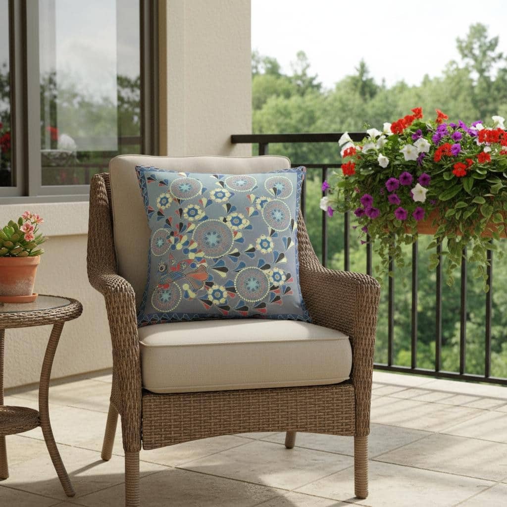 HomeRoots 18" x 18" Blue and Gray Peacock Blown Seam Floral Indoor Outdoor Throw Pillow - 18.00' X '5.00' X '18.00