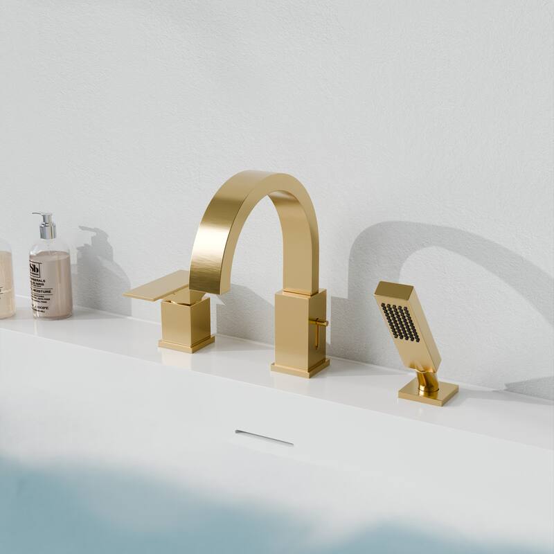 Nite Series Single-Handle Deck-Mount Roman Tub Faucet with Handheld Sprayer in Brushed Gold